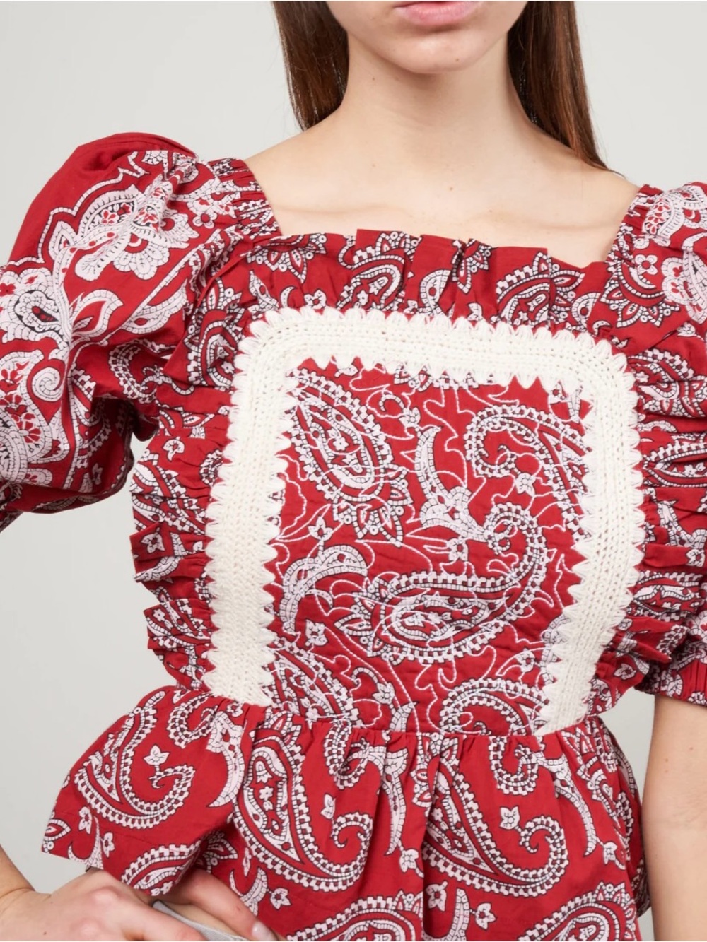 Sea New York Theodora Paisley Bandana Print Red Blouse Crochet Trim Top S Boho